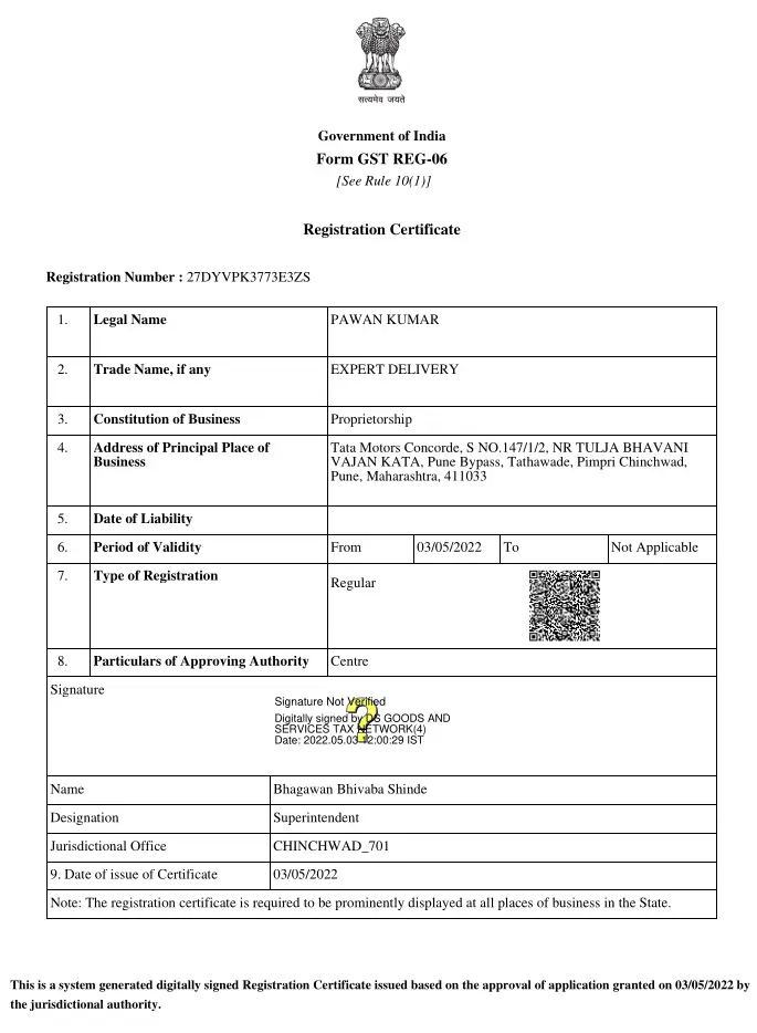 Expert Delivery GST Certificate 1